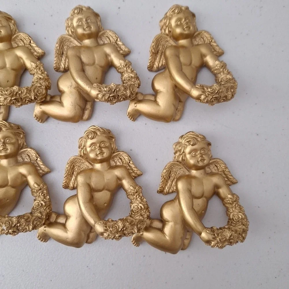 8 Ornate Resin Cherub Angel Napkin Ring Holders Gold Tone Painted Vintage HEAVY